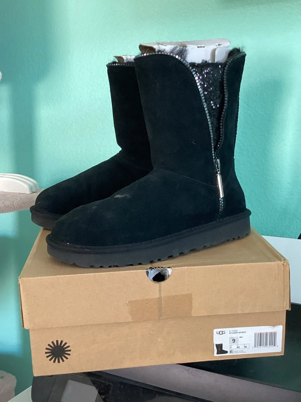 UGG Black Suede Mid-Calf Boots with Sequin Accent